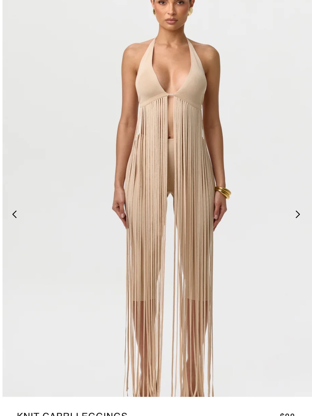 Naked Wardrobe Fringe Halter Knit Bra Top in Beige